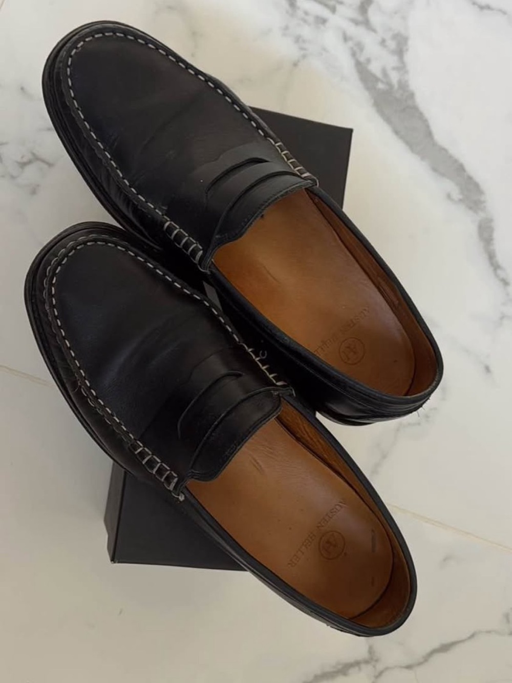 Austen Heller Black Leather Penny Loafers with Contrast Stitching